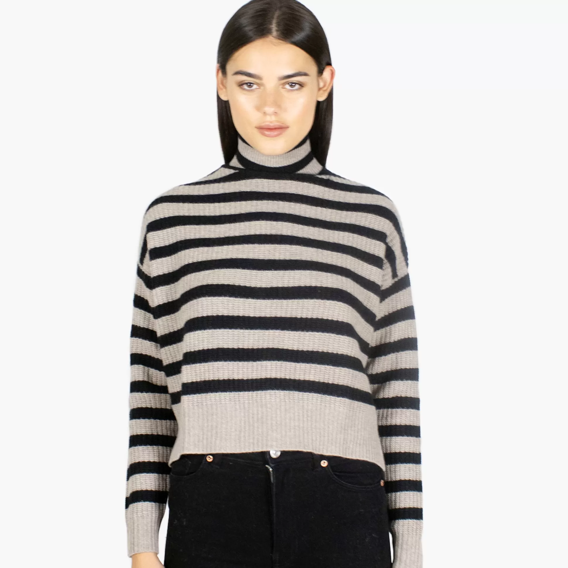 Autumn Cashmere 6 Ply Cropped Striped Shaker Mock<Women Sweaters