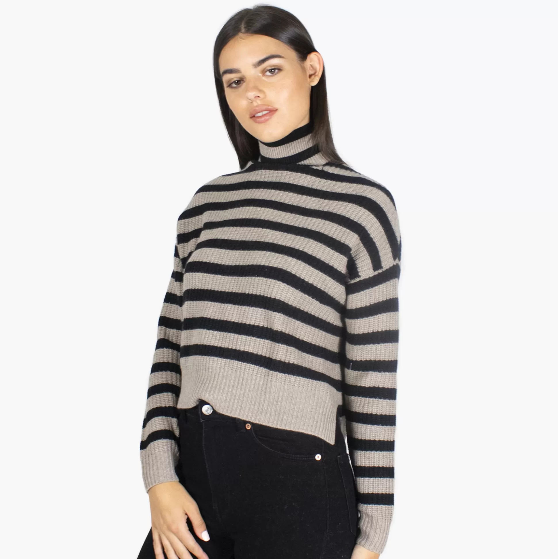 Autumn Cashmere 6 Ply Cropped Striped Shaker Mock<Women Sweaters