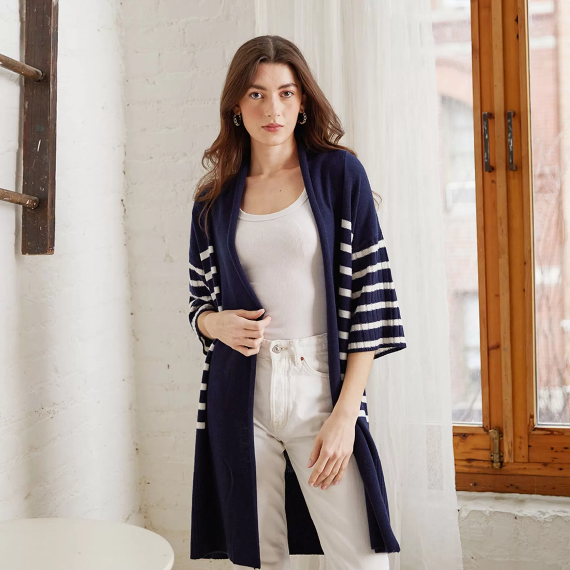 Autumn Cashmere Breton Stripe Shawl Collar Throw In Navy White<Women Cardigans