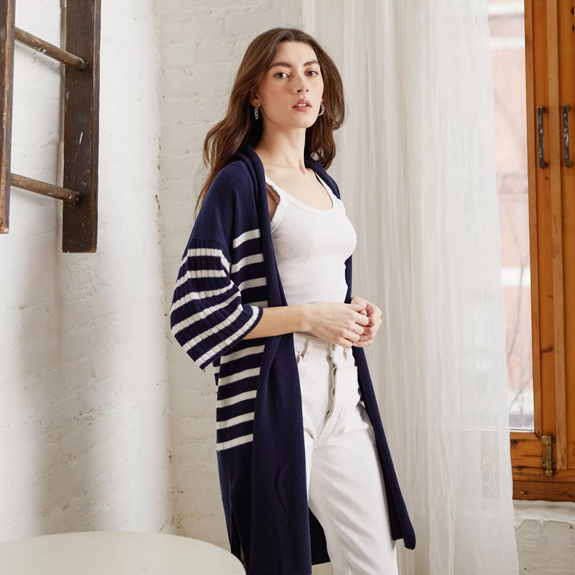 Autumn Cashmere Breton Stripe Shawl Collar Throw In Navy White<Women Cardigans