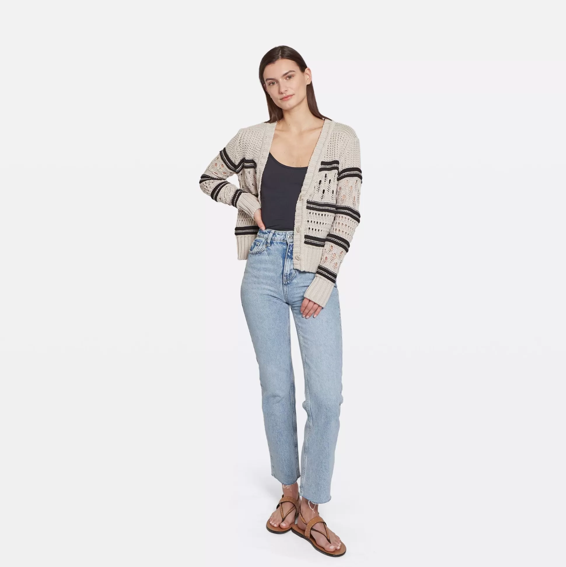 Autumn Cashmere Chunky Multi Stitch Cardigan In Sand Dollar/Black<Women Cardigans