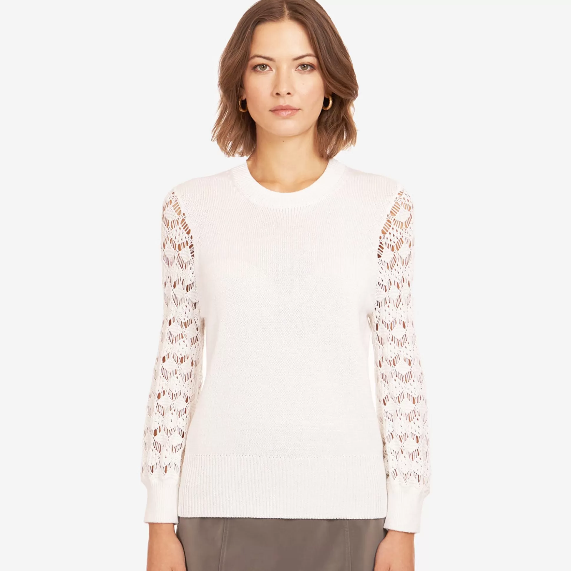 Autumn Cashmere Crewneck Diamond Stitch Sleeve In White<Women Sweaters