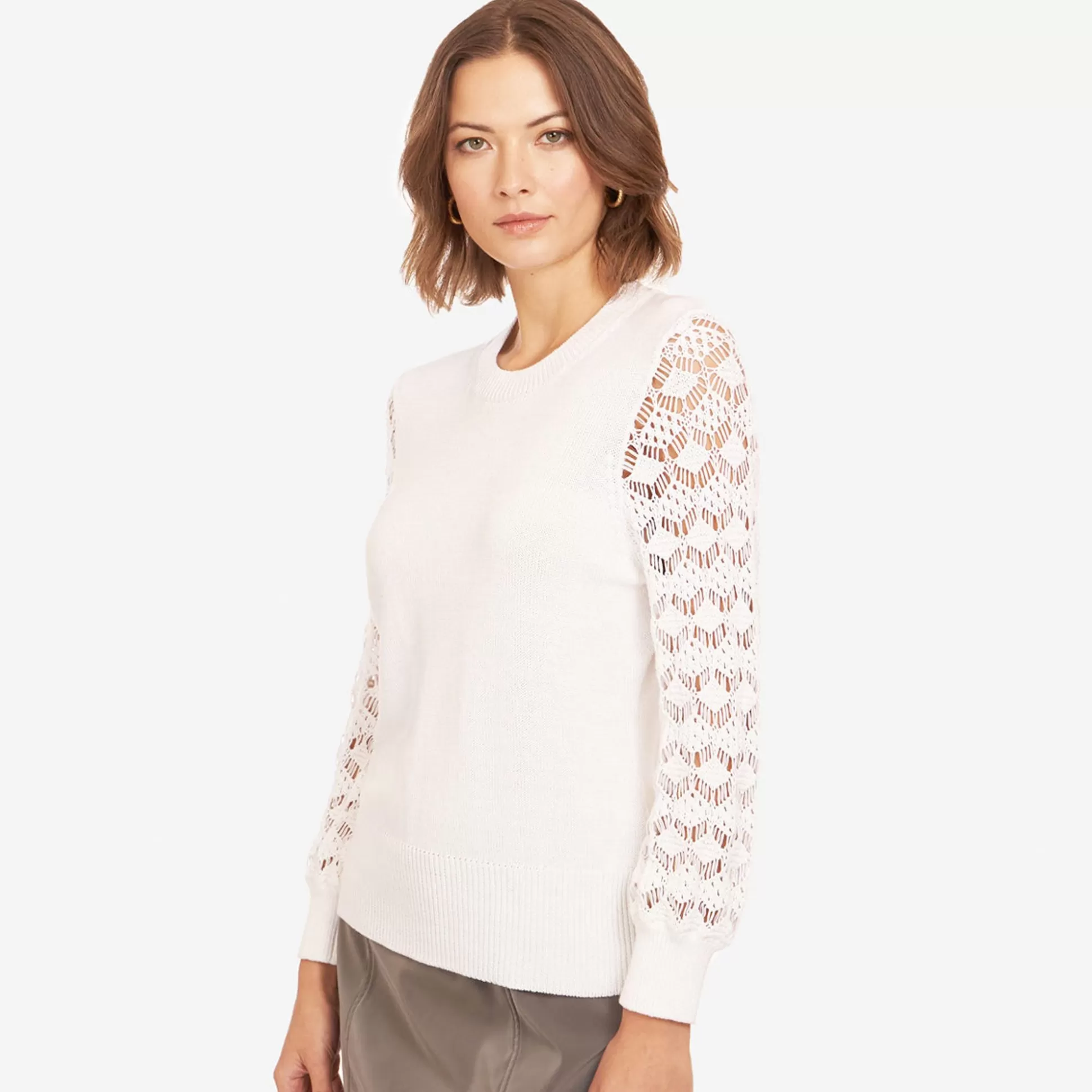 Autumn Cashmere Crewneck Diamond Stitch Sleeve In White<Women Sweaters