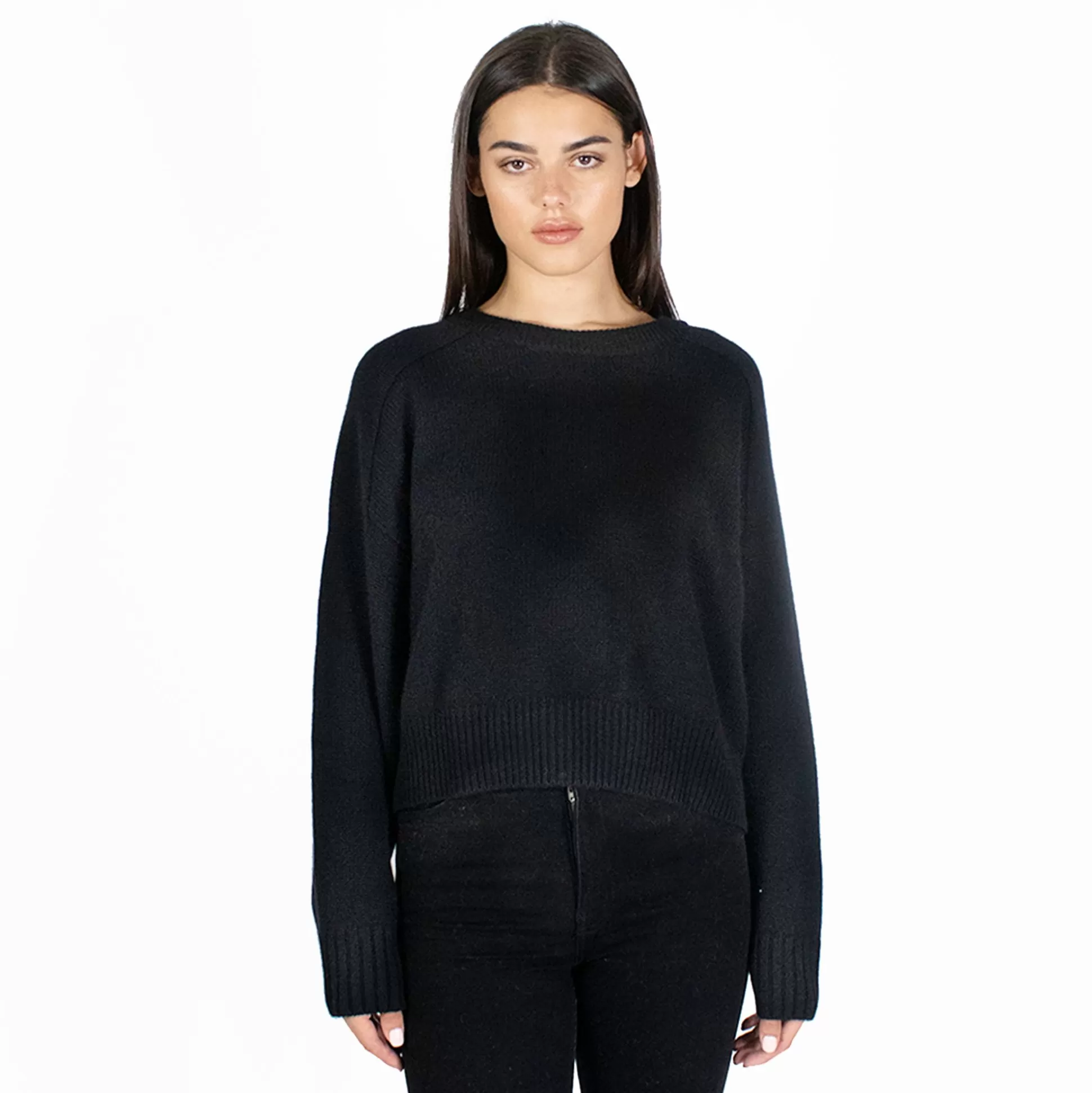 Autumn Cashmere Cropped Boxy Crew Back Yoke In Ebony<Women Sweaters