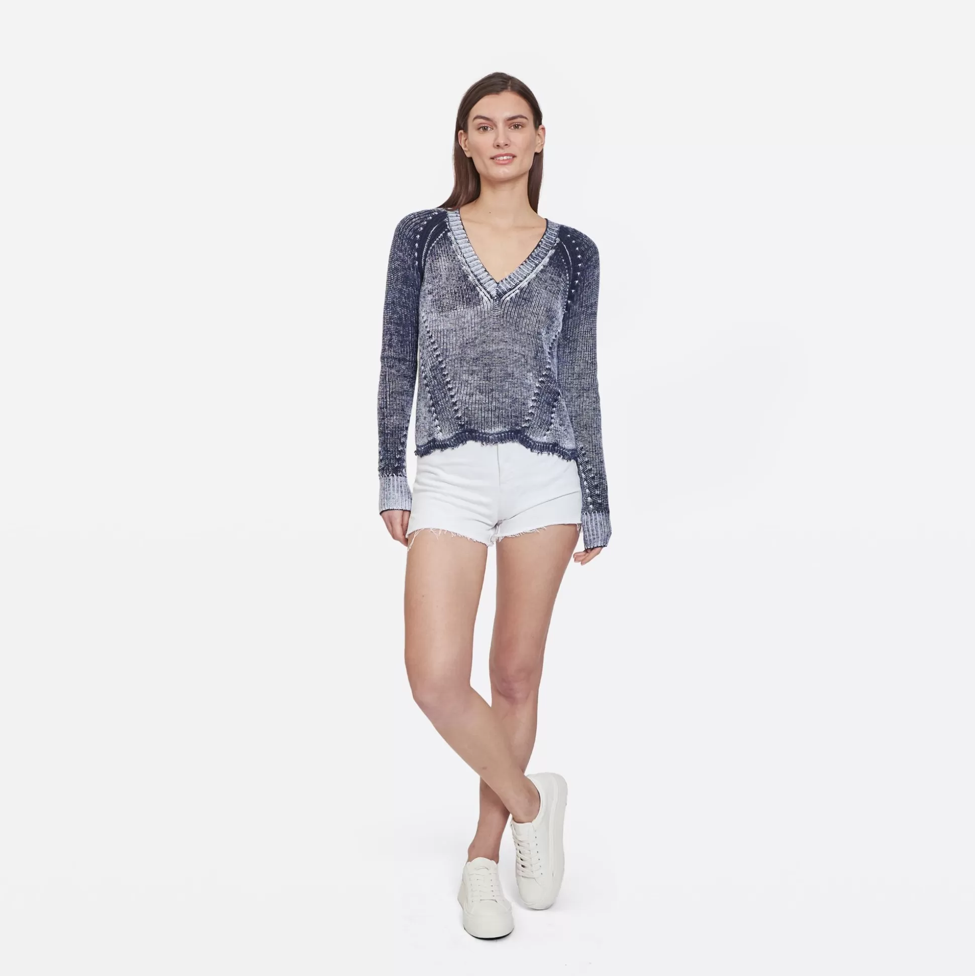 Autumn Cashmere Distressed Inked Scallop Shaker V In Navy<Women Sweaters