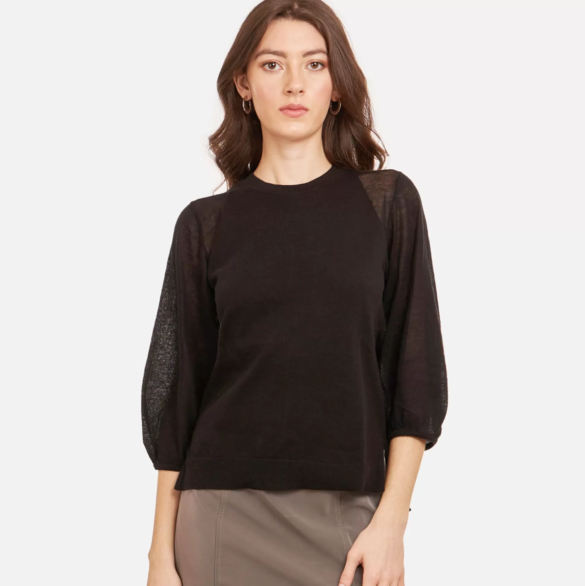 Autumn Cashmere Hi Lo Crew W/ Sheer Puff Sleeves In Black<Women Sweaters