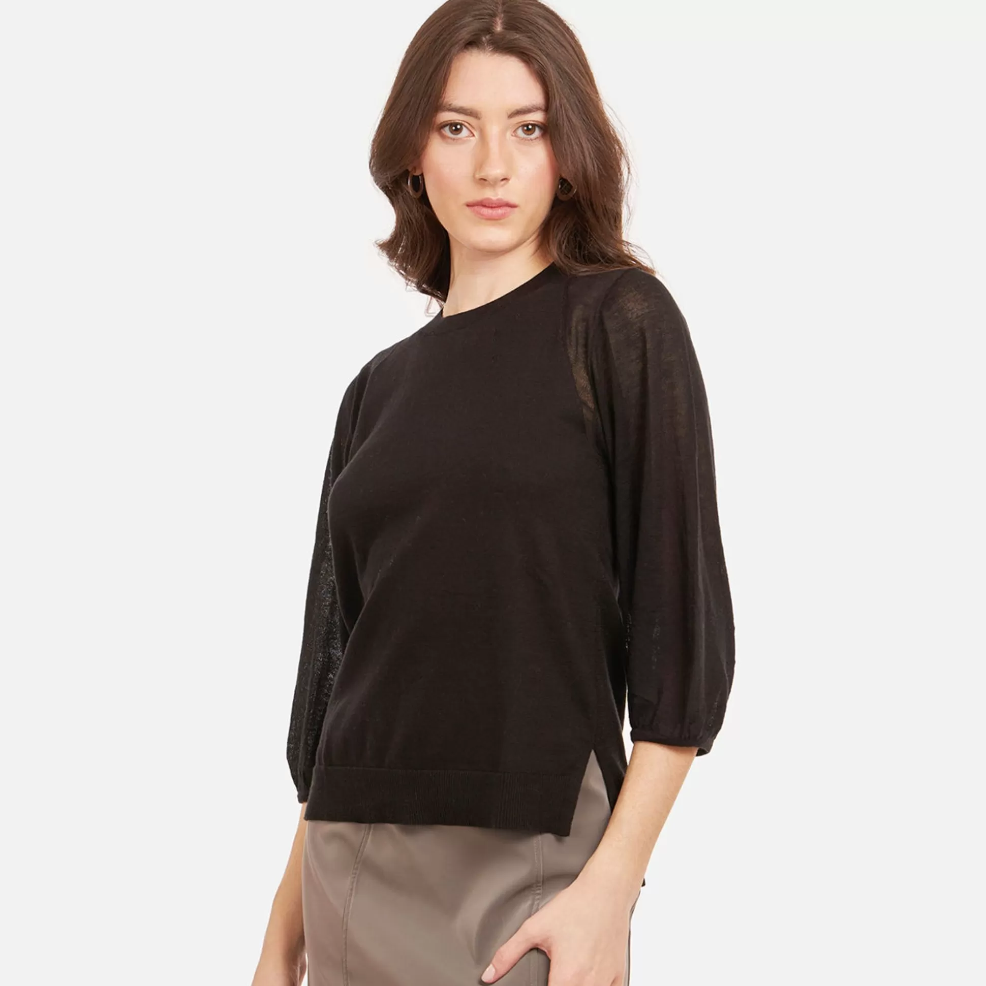 Autumn Cashmere Hi Lo Crew W/ Sheer Puff Sleeves In Black<Women Sweaters