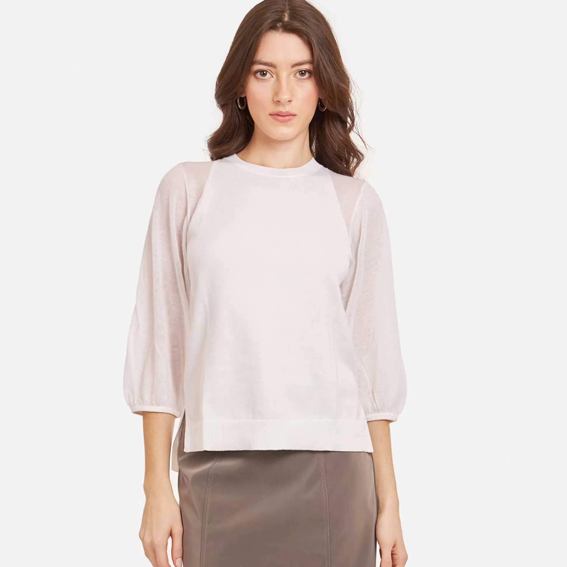 Autumn Cashmere Hi Lo Crew W/ Sheer Puff Sleeves In White<Women Sweaters