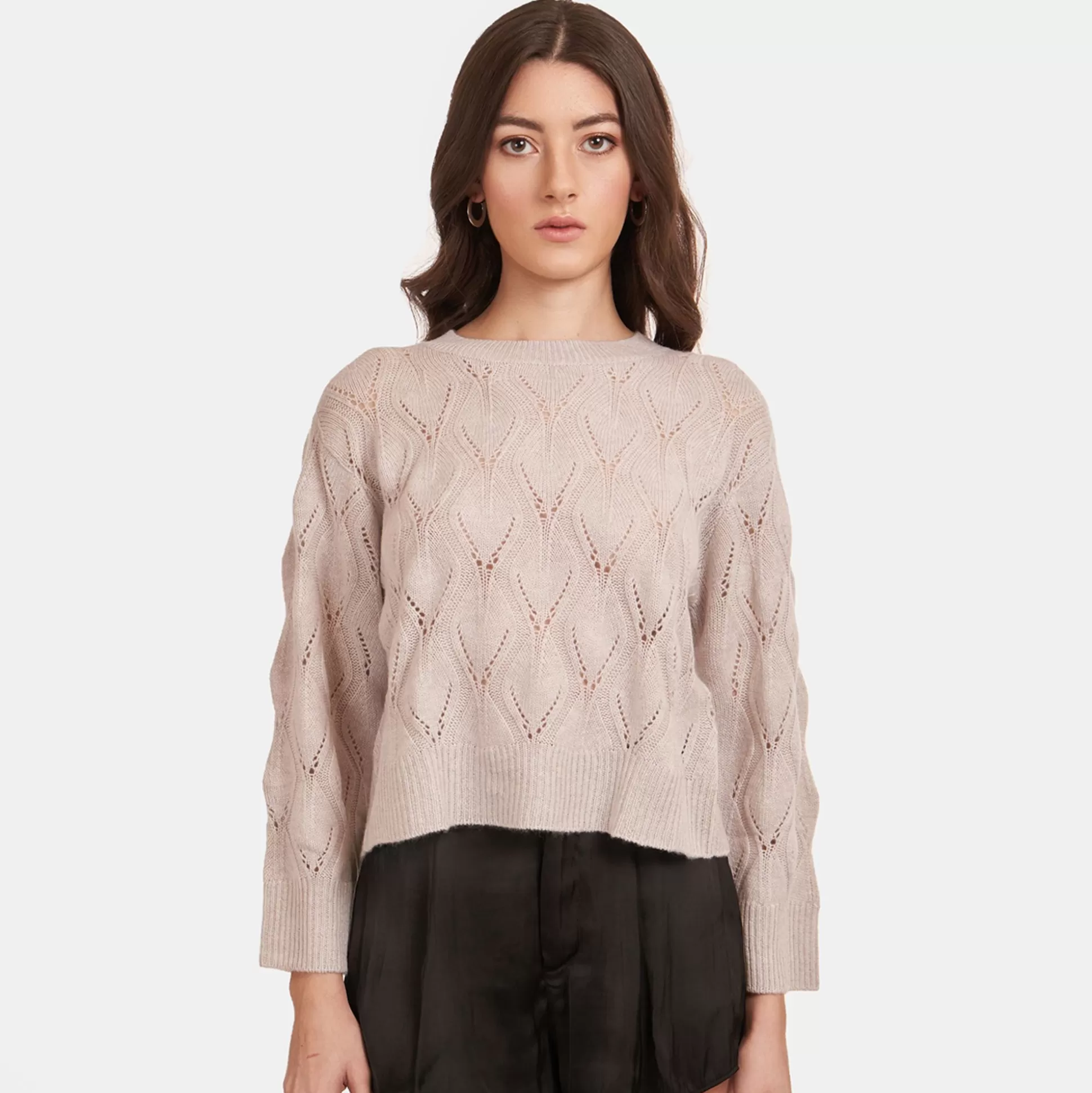 Autumn Cashmere Leaf Pointelle Cropped Boxy Crew In Birch<Women Sweaters