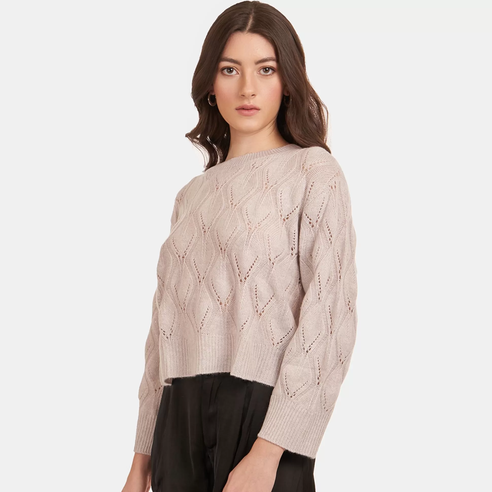 Autumn Cashmere Leaf Pointelle Cropped Boxy Crew In Birch<Women Sweaters