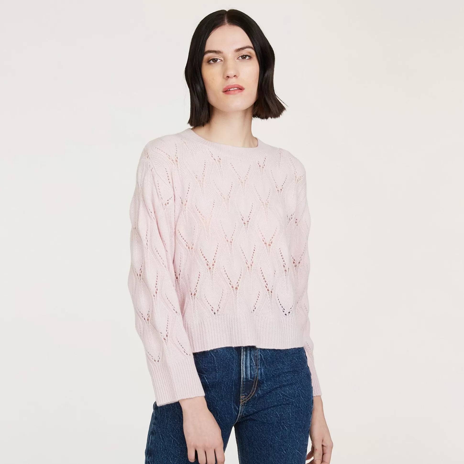 Autumn Cashmere Leaf Pointelle Cropped Boxy Crew In Cherry Blossom<Women Sweaters