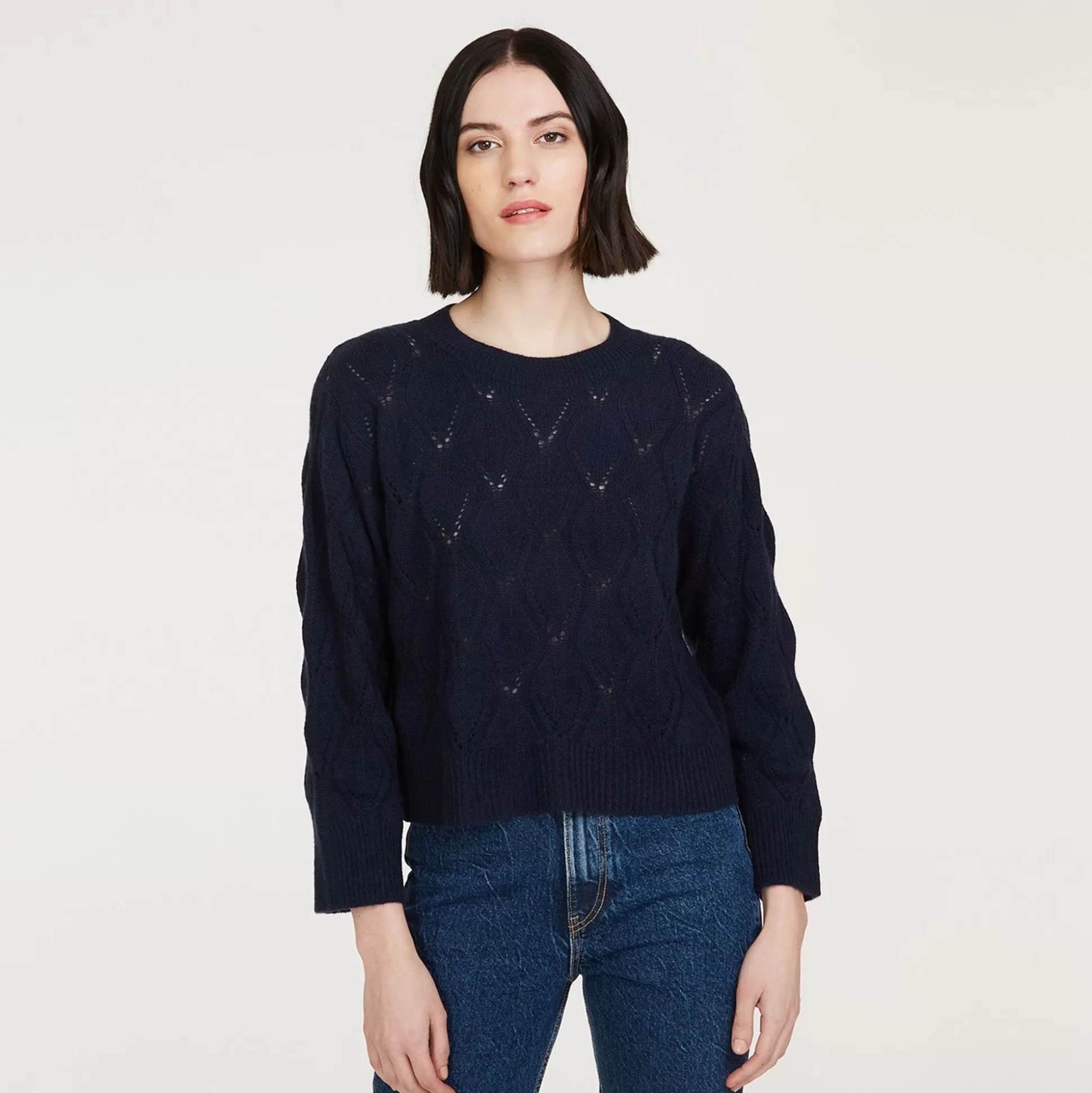 Autumn Cashmere Leaf Pointelle Cropped Boxy Crew In Navy<Women Sweaters