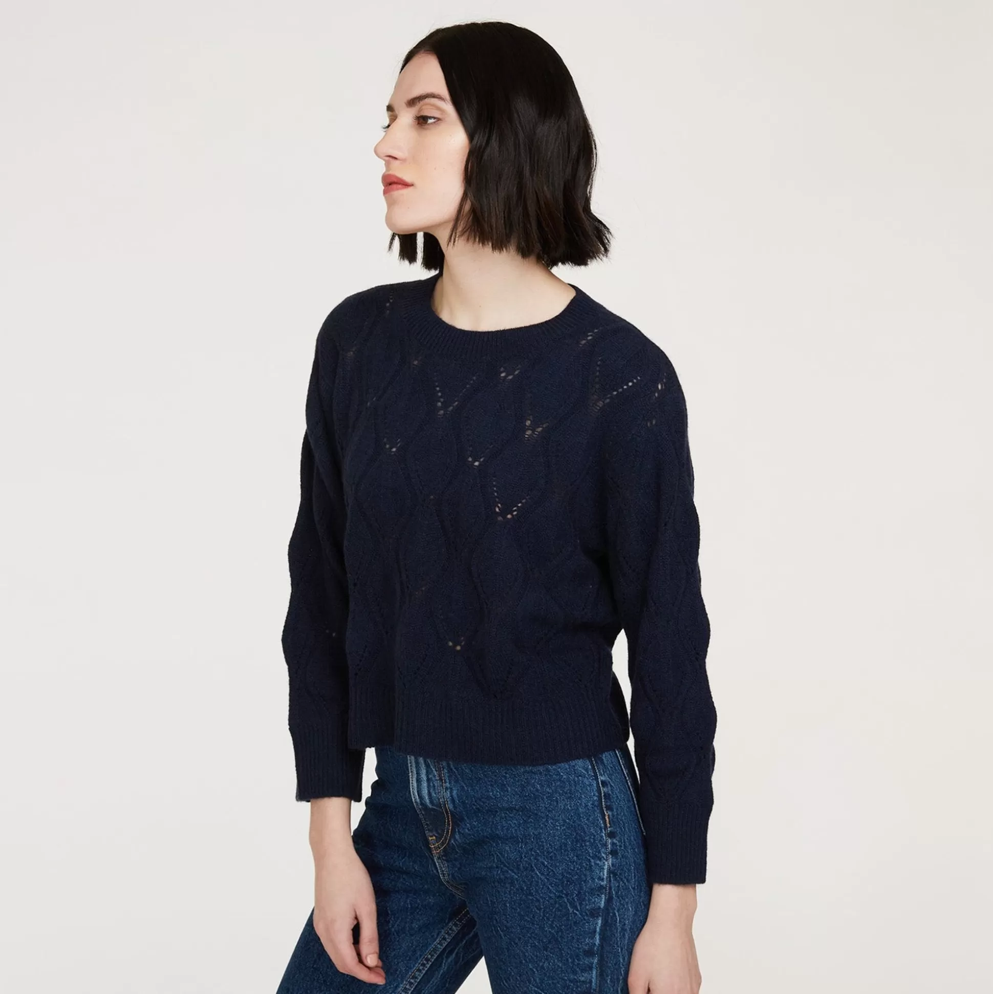 Autumn Cashmere Leaf Pointelle Cropped Boxy Crew In Navy<Women Sweaters