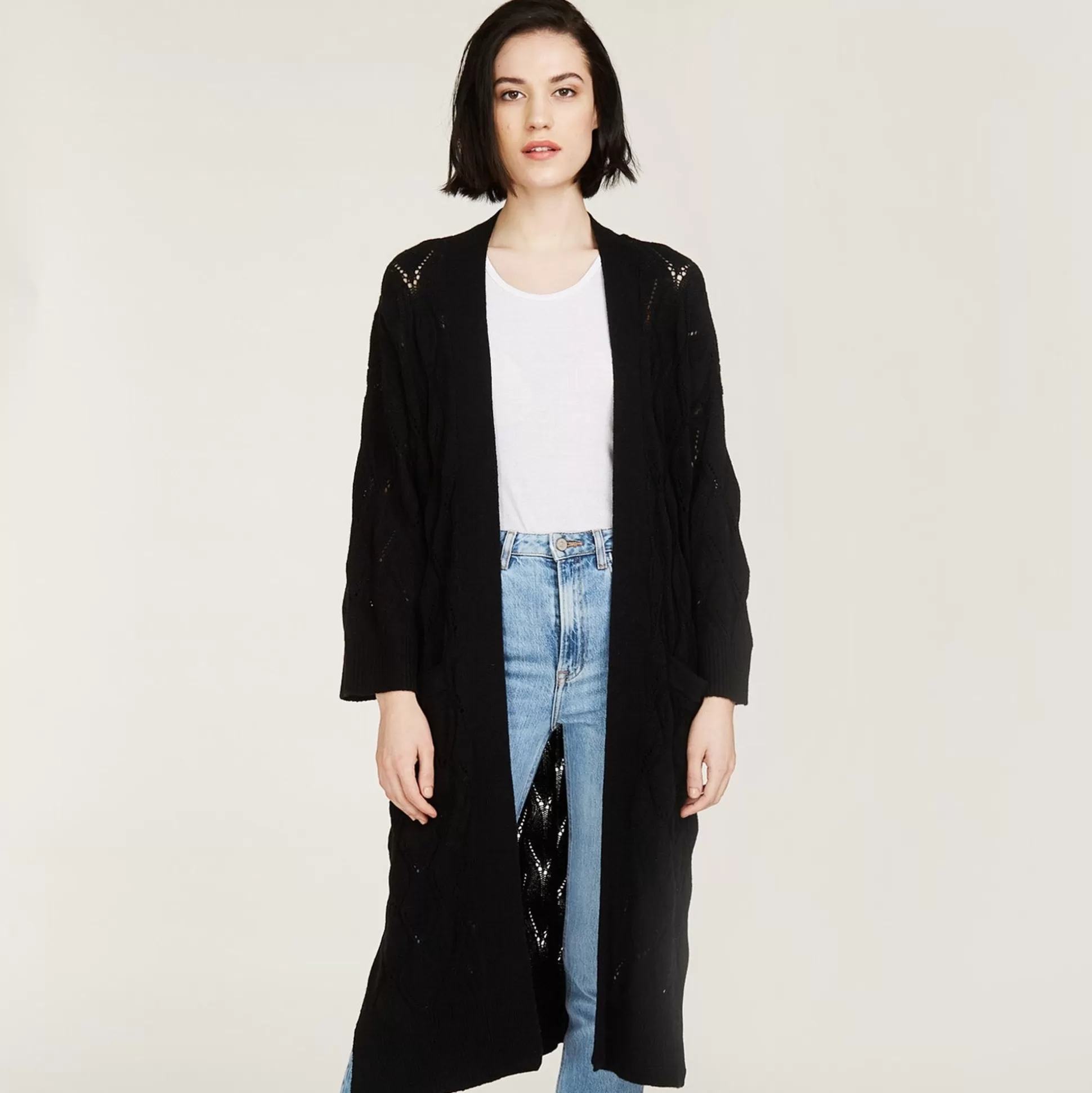 Autumn Cashmere Leaf Pointelle Open Cardigan In Black<Women Cardigans