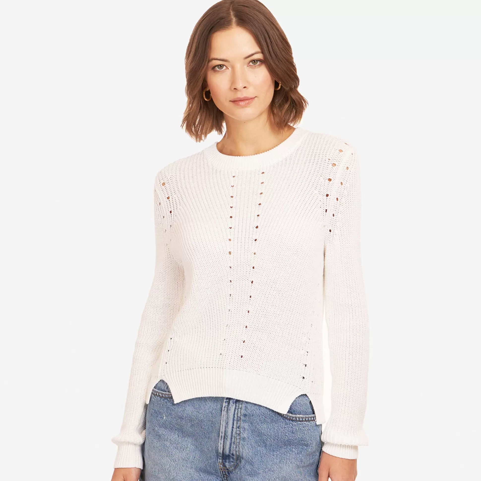 Autumn Cashmere L/S Shaker Crewneck Pointelle Details In White<Women Sweaters