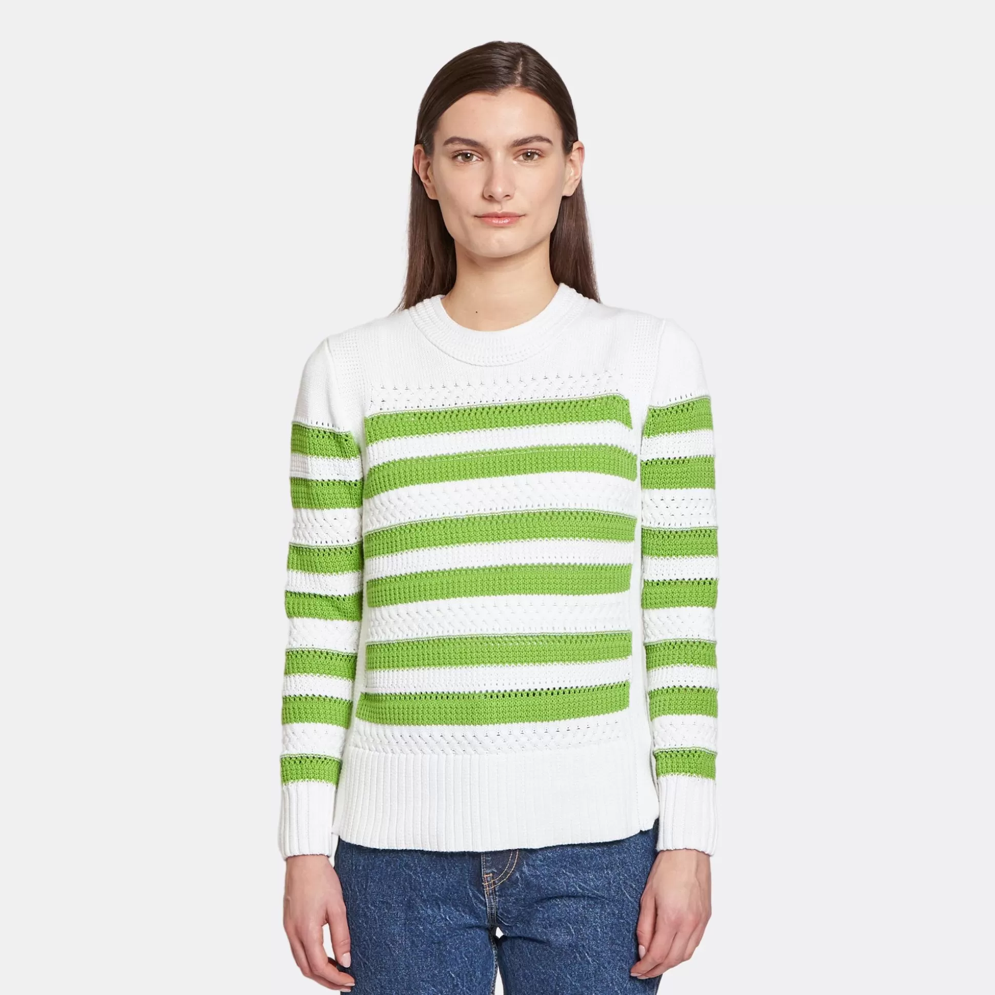 Autumn Cashmere Mixed Stitch Stripe Crew In Bleach White/Green Apple<Women Sweaters