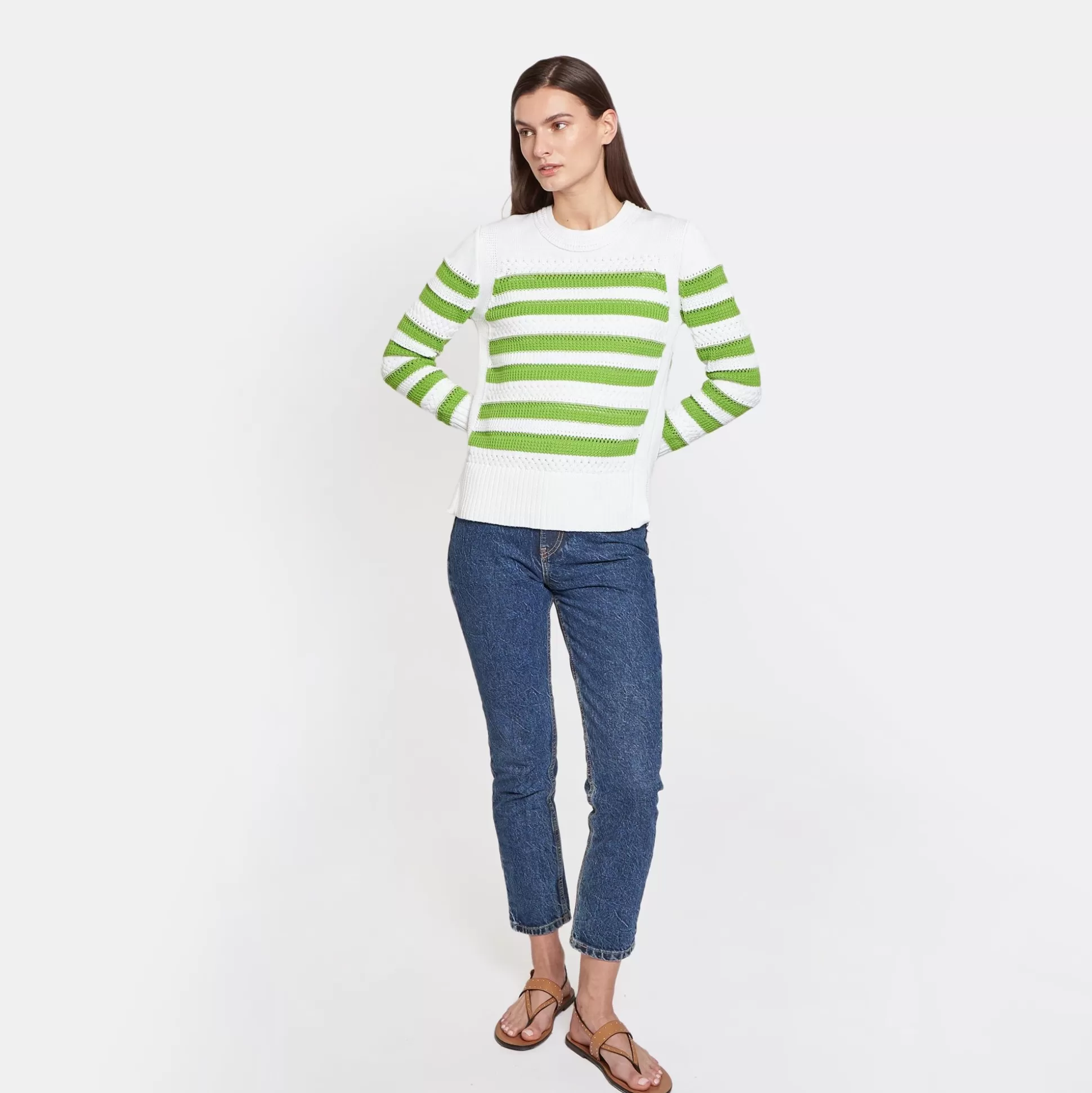 Autumn Cashmere Mixed Stitch Stripe Crew In Bleach White/Green Apple<Women Sweaters