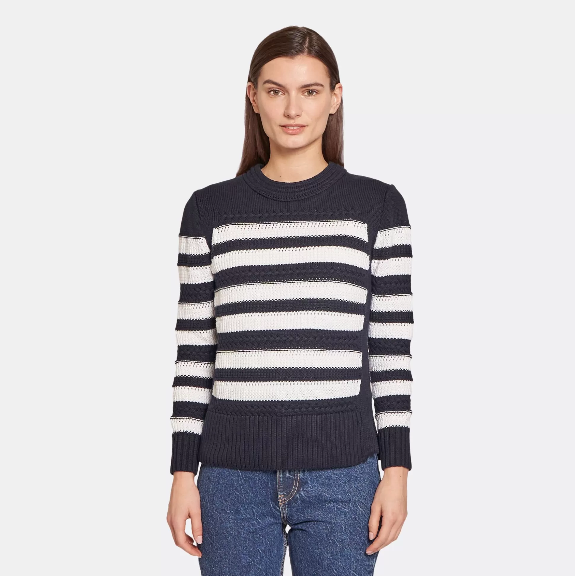 Autumn Cashmere Mixed Stitch Stripe Crew In Navy/Bleach<Women Sweaters