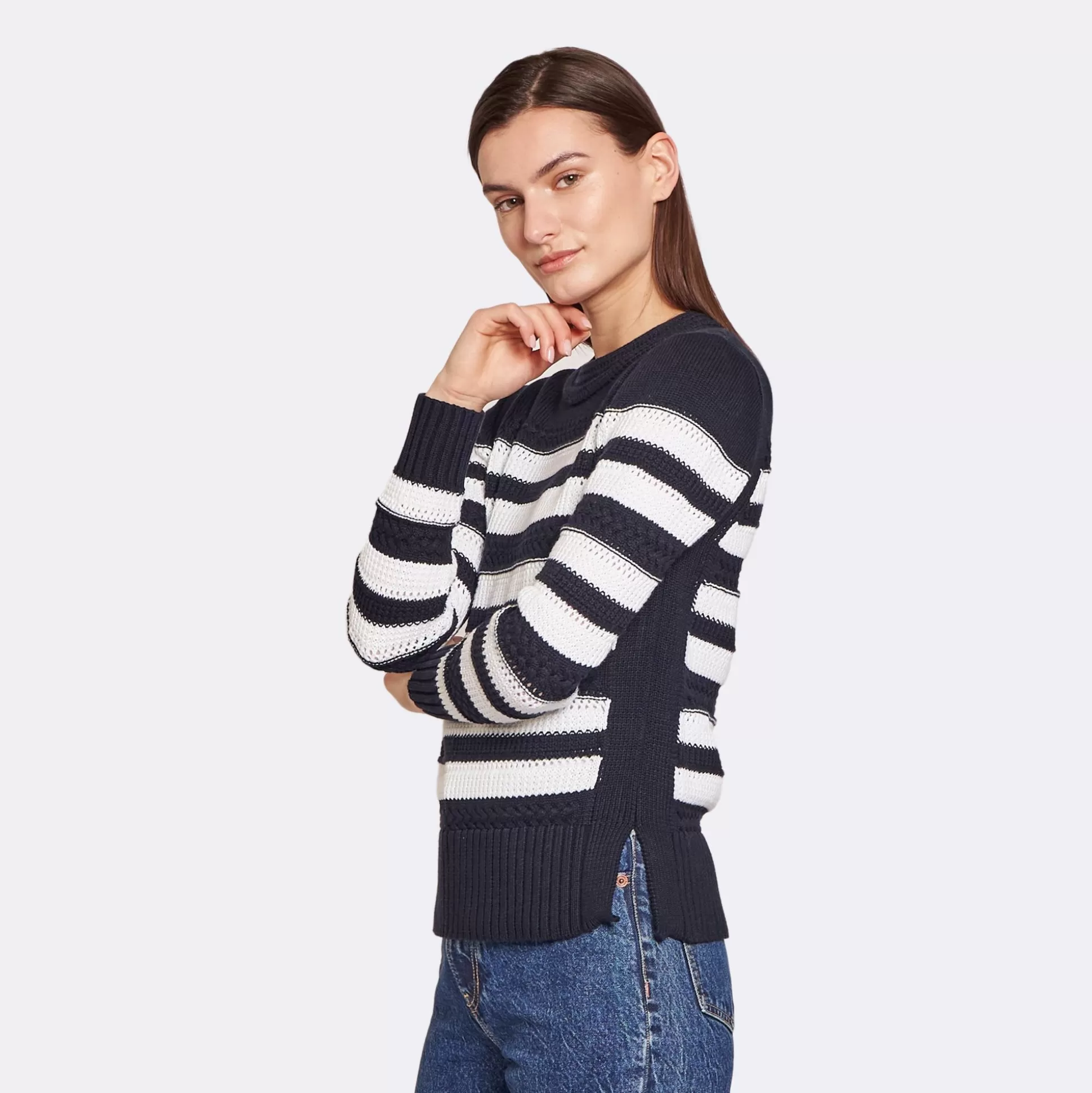 Autumn Cashmere Mixed Stitch Stripe Crew In Navy/Bleach<Women Sweaters