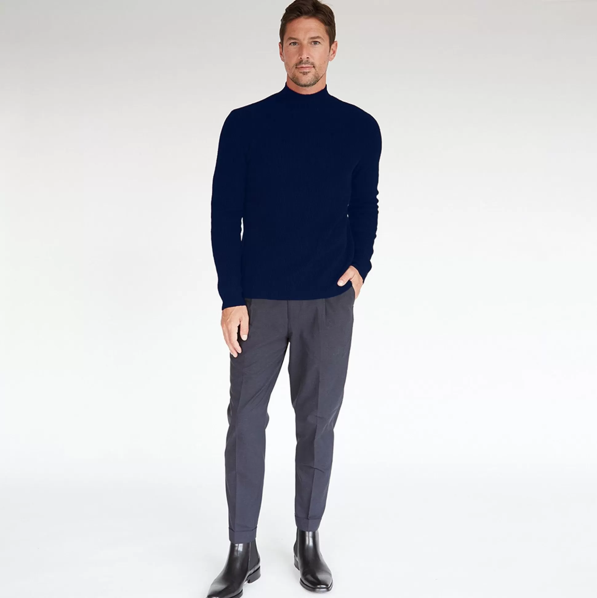 Autumn Cashmere Mock Neck With Shaker Stitch In Navy<Men Clothing