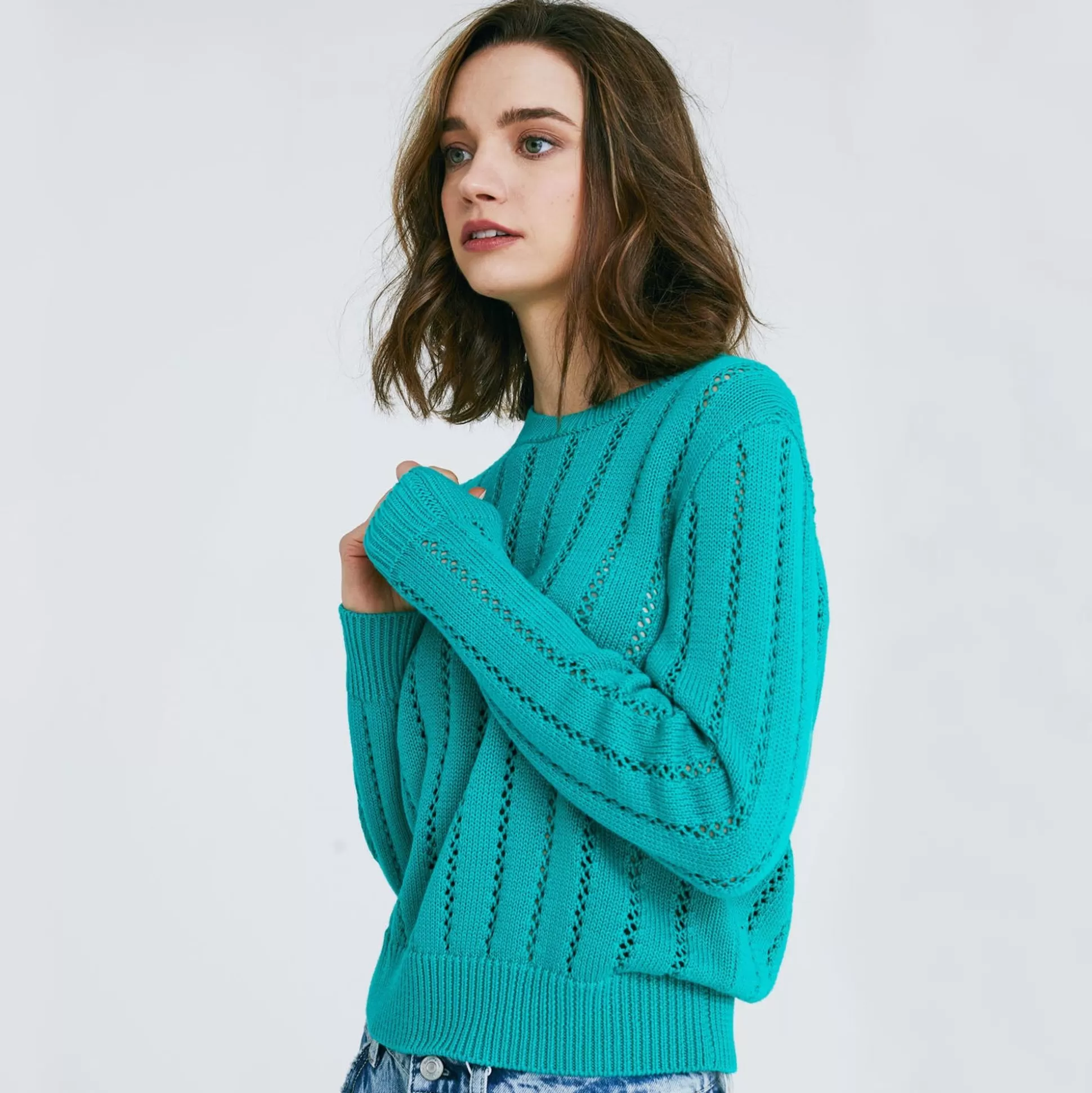 Autumn Cashmere Pointelle Ladder Stitch Crew<Women Sweaters