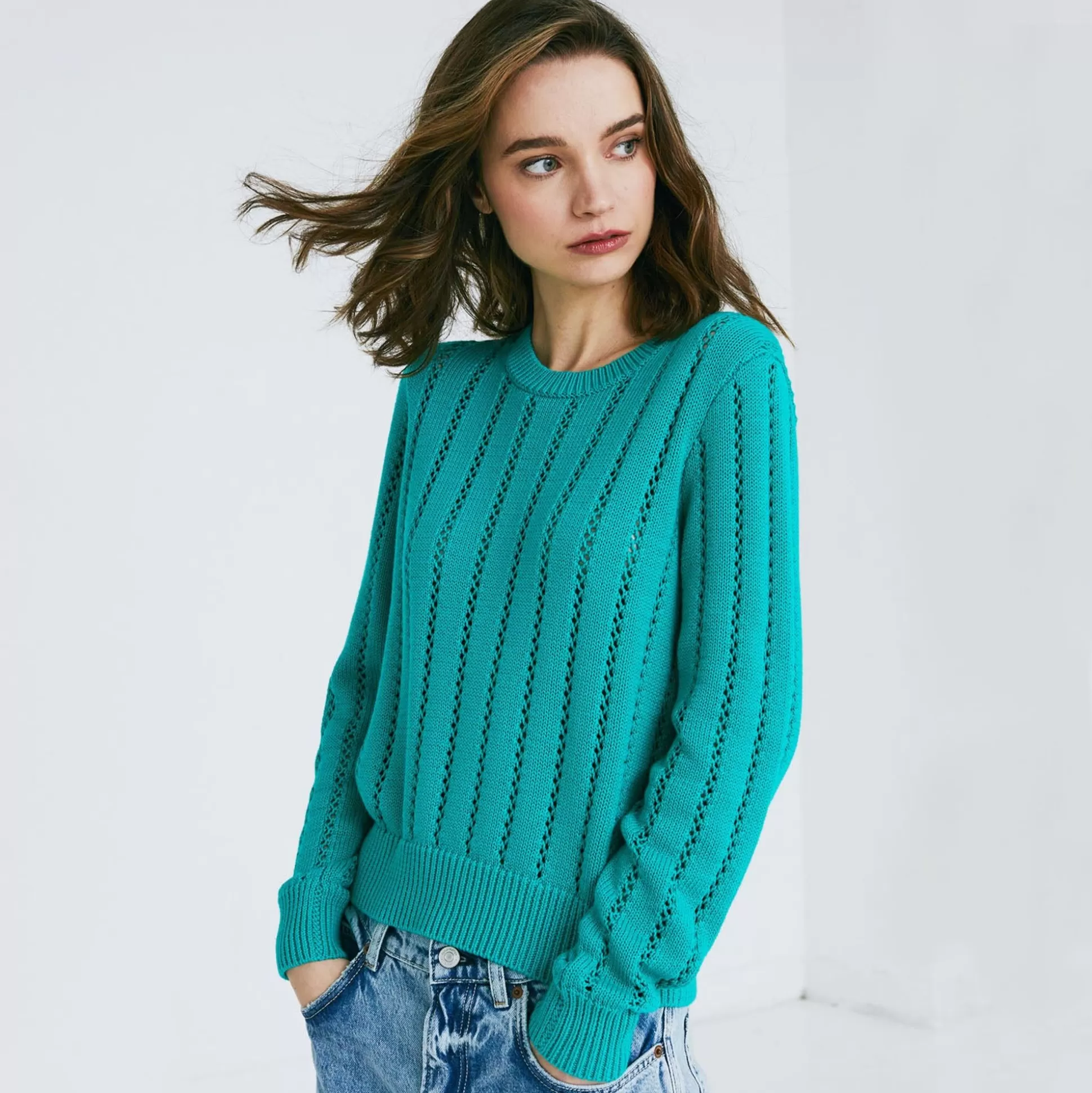 Autumn Cashmere Pointelle Ladder Stitch Crew<Women Sweaters