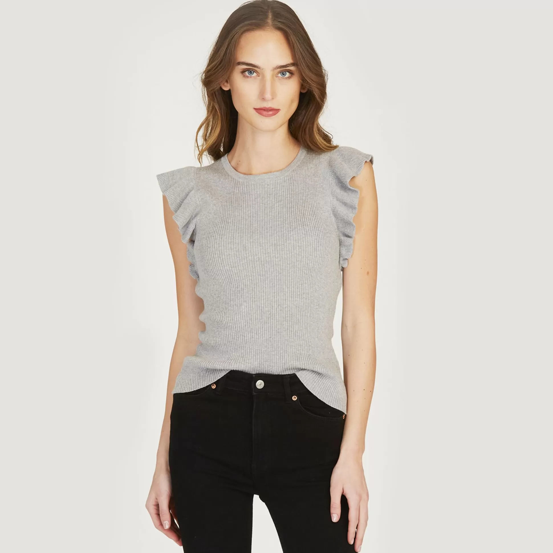 Autumn Cashmere Rib Flutter Shoulder Crew<Women Tops