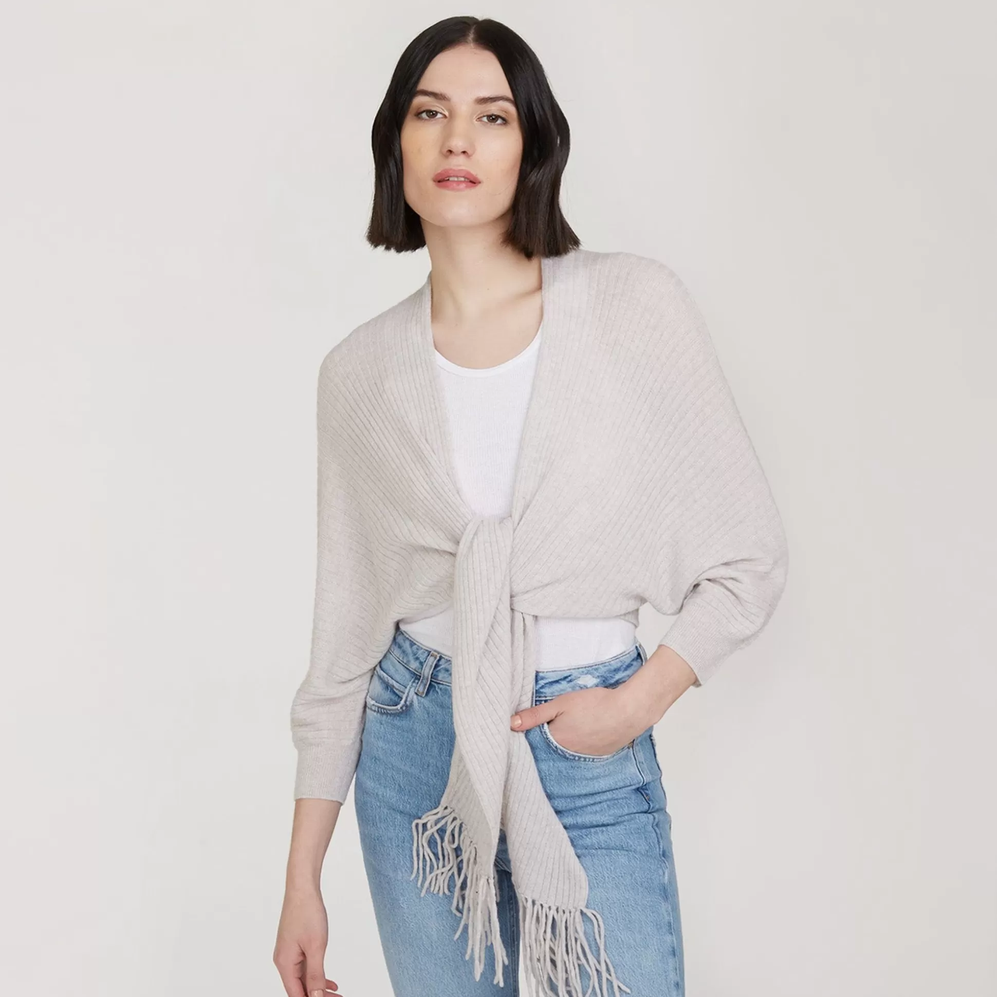 Autumn Cashmere Rib Fringed Tie Front Dolman In Birch<Women Cardigans