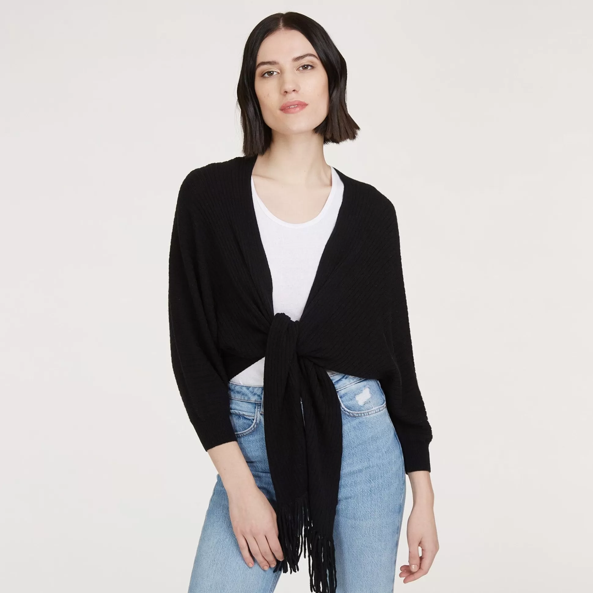 Autumn Cashmere Rib Fringed Tie Front Dolman In Black<Women Cardigans