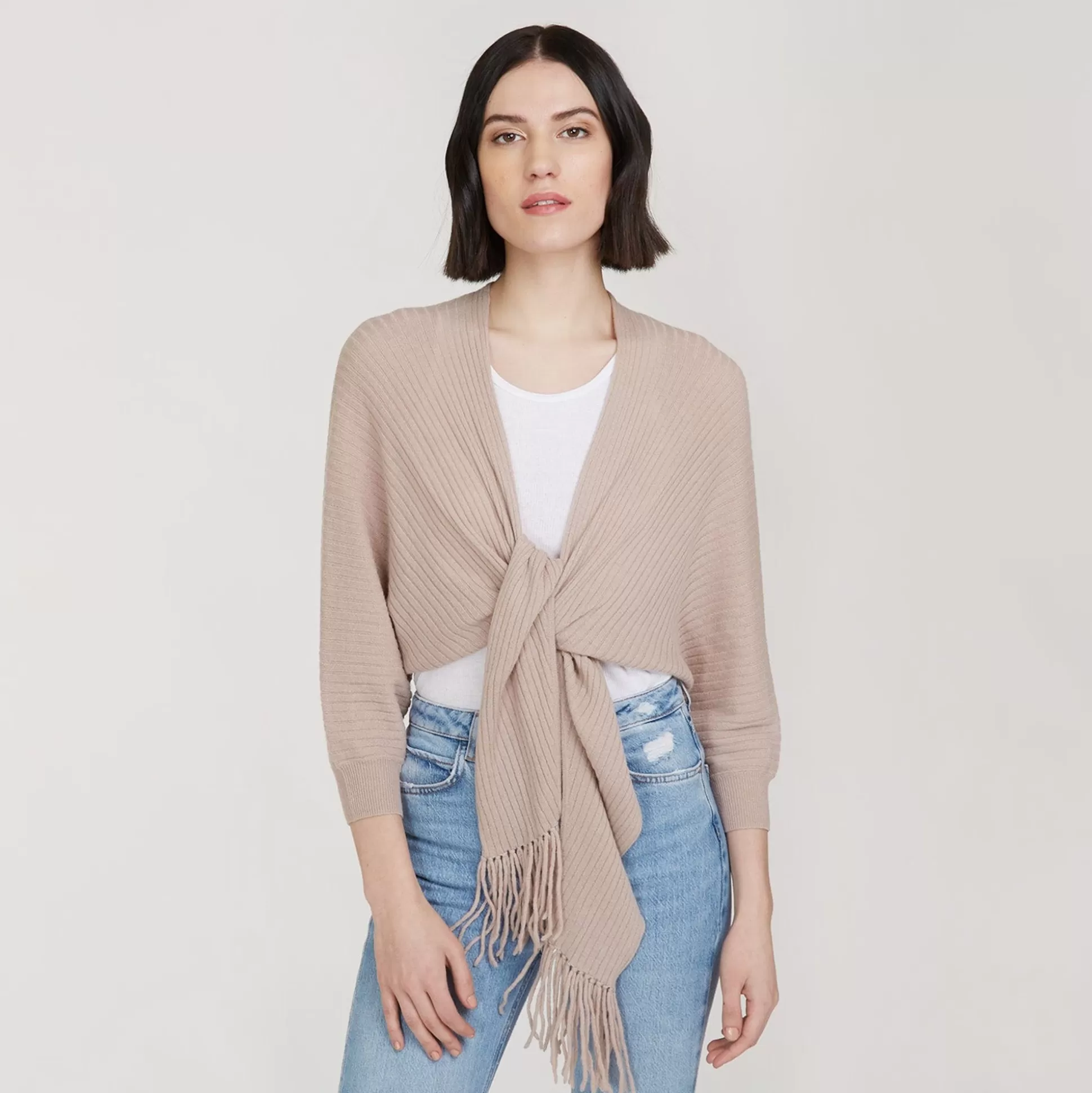 Autumn Cashmere Rib Fringed Tie Front Dolman In Fawn<Women Cardigans