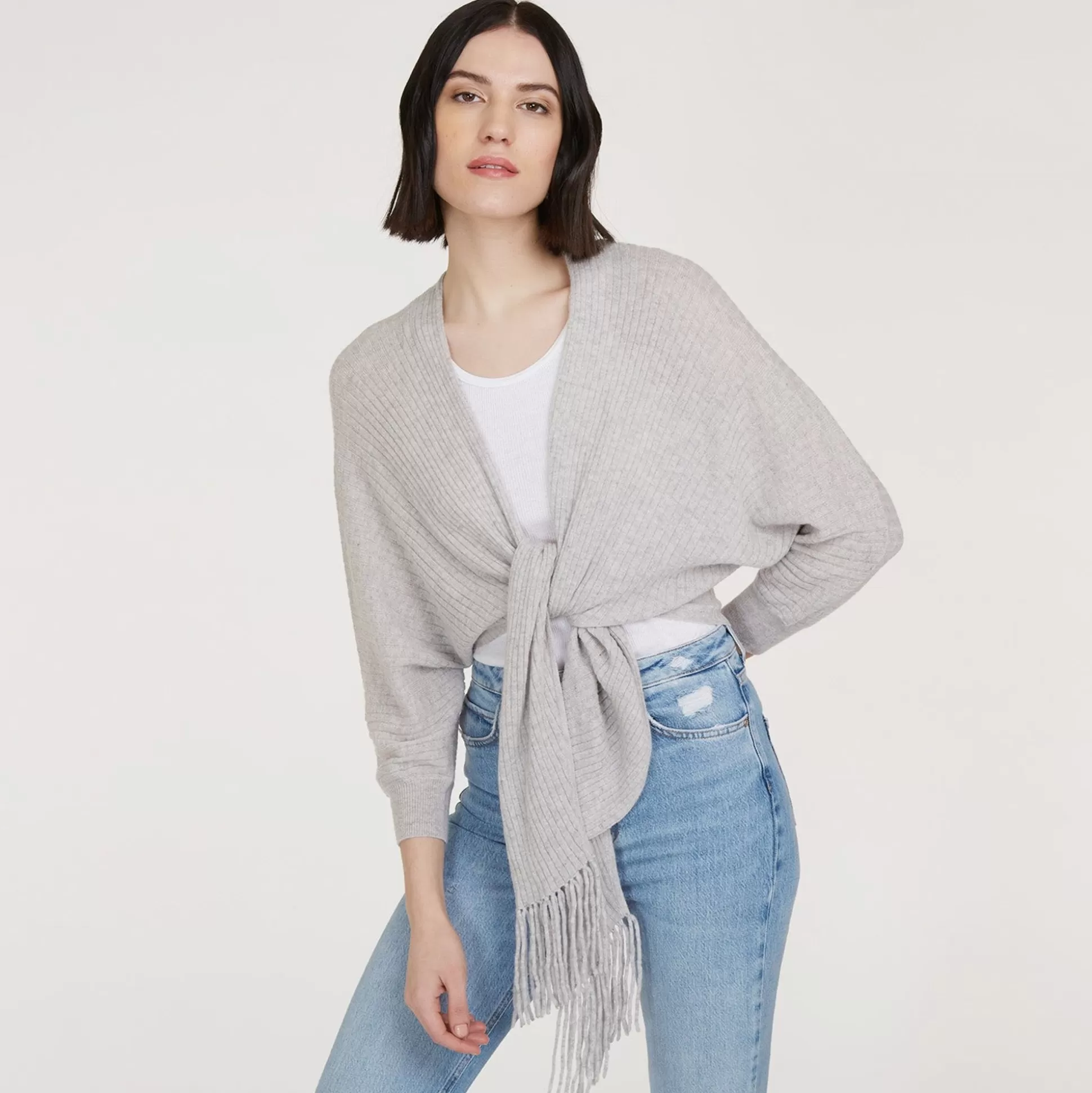 Autumn Cashmere Rib Fringed Tie Front Dolman In Fog<Women Cardigans