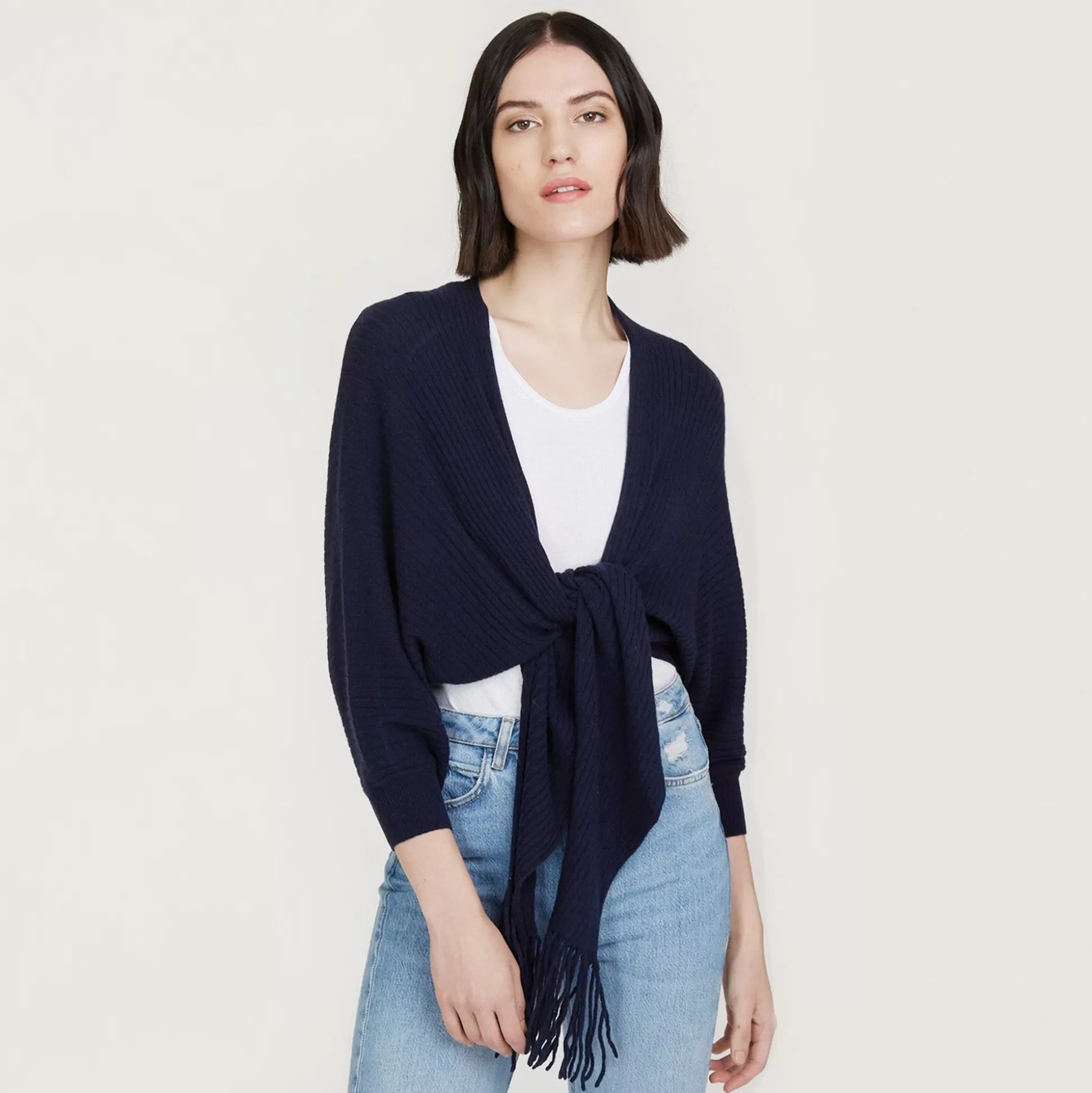 Autumn Cashmere Rib Fringed Tie Front Dolman In Navy<Women Cardigans