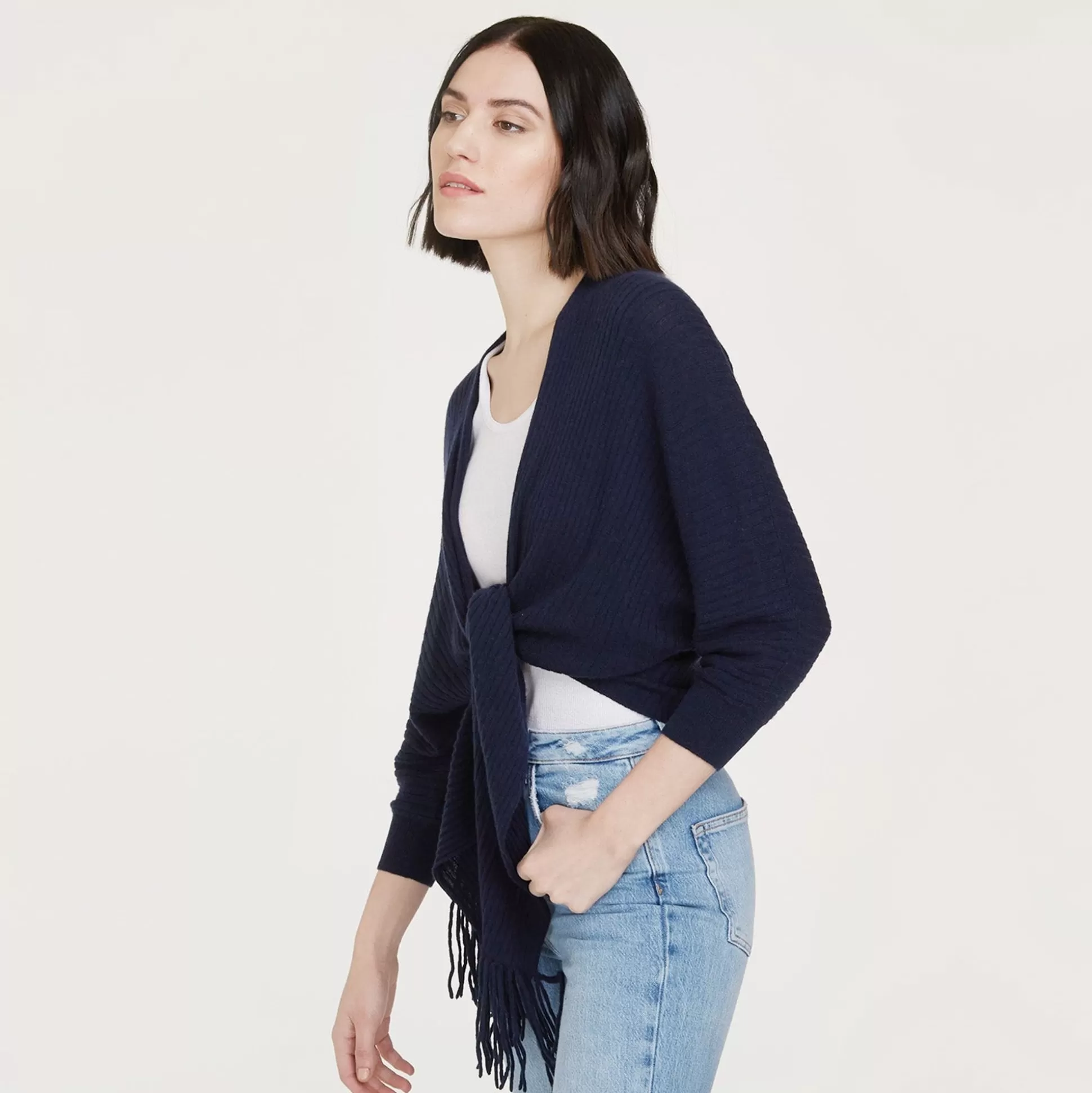 Autumn Cashmere Rib Fringed Tie Front Dolman In Navy<Women Cardigans