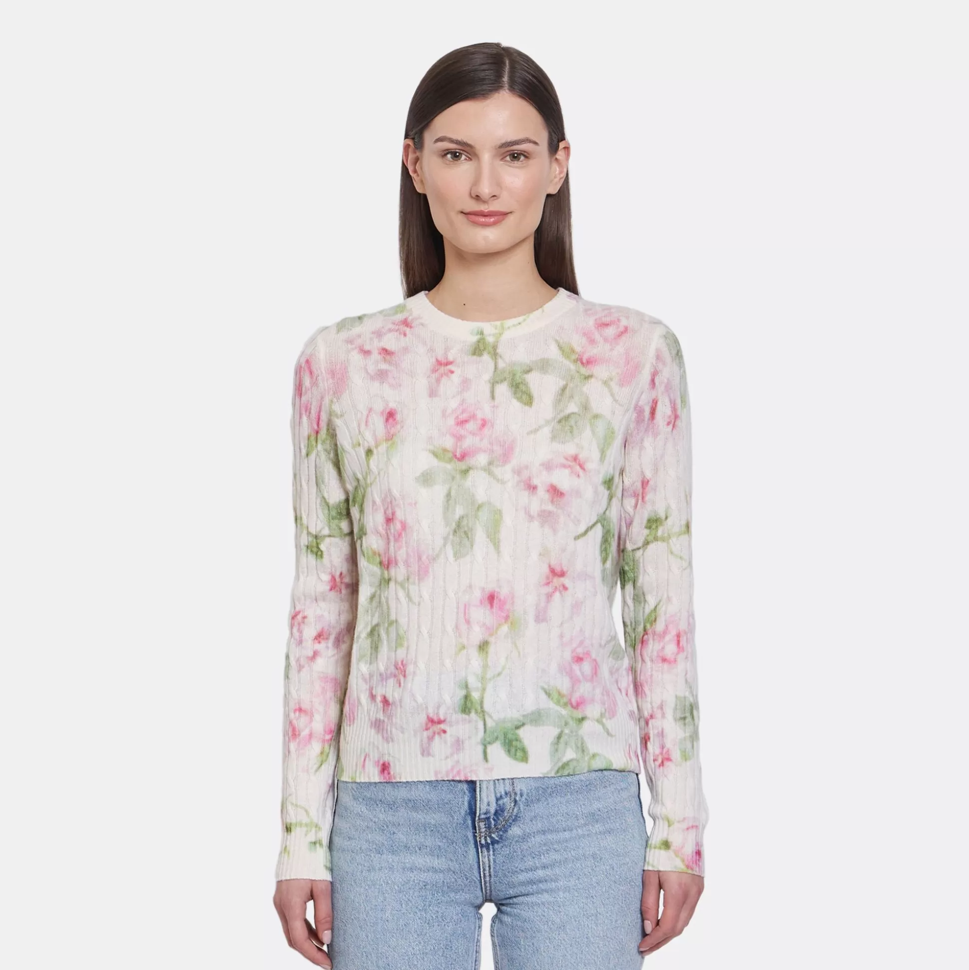 Autumn Cashmere Rose Print Cable Crew<Women Sweaters