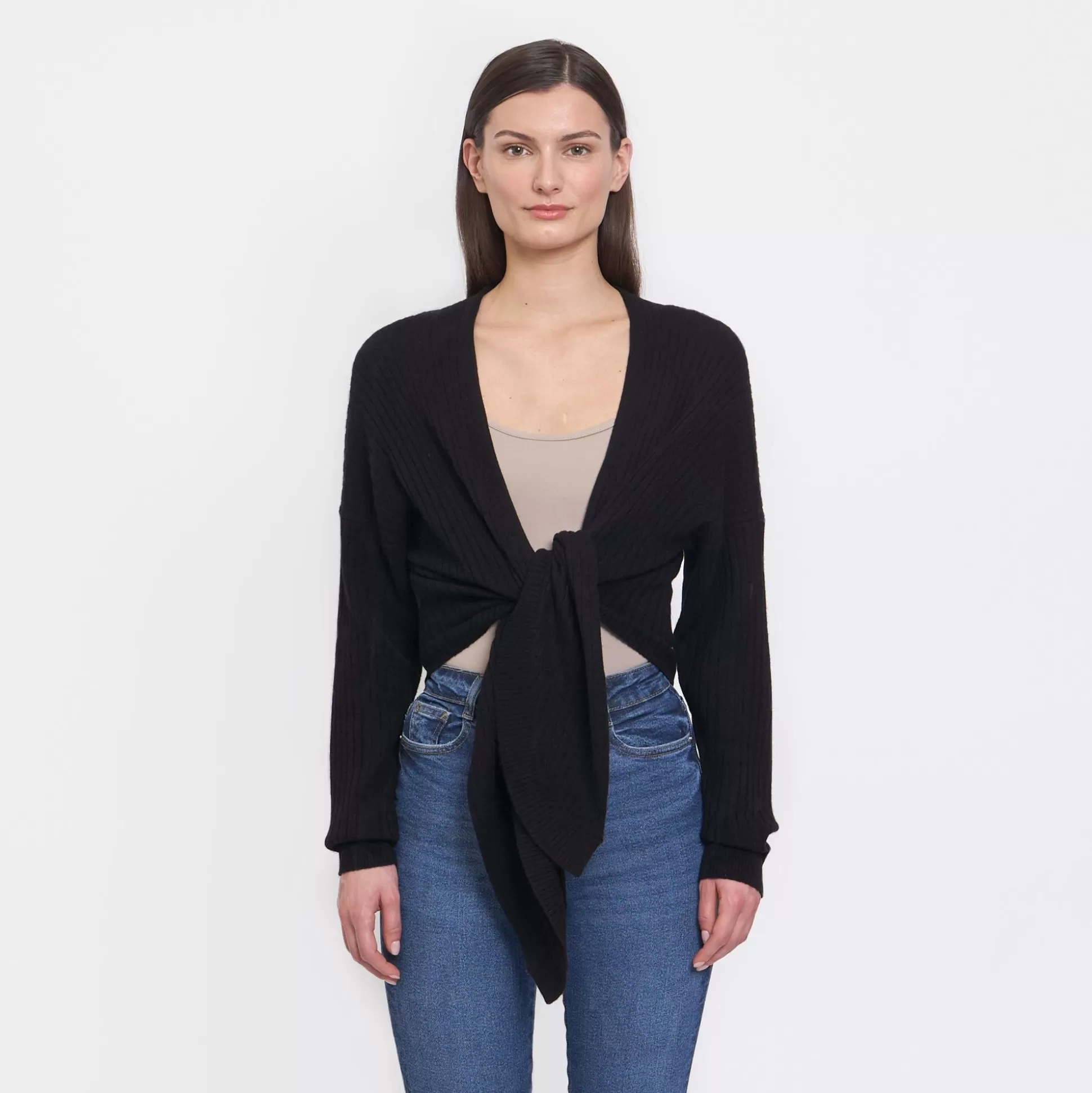 Autumn Cashmere Tie Front Rib Cardigan In Black<Women Cardigans