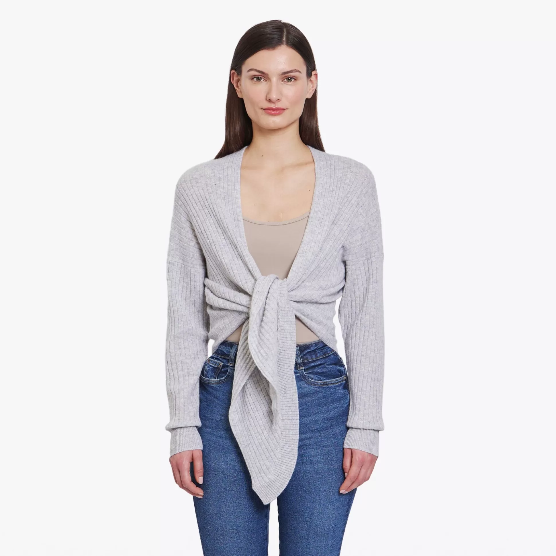 Autumn Cashmere Tie Front Rib Cardigan In Cinderblock<Women Cardigans