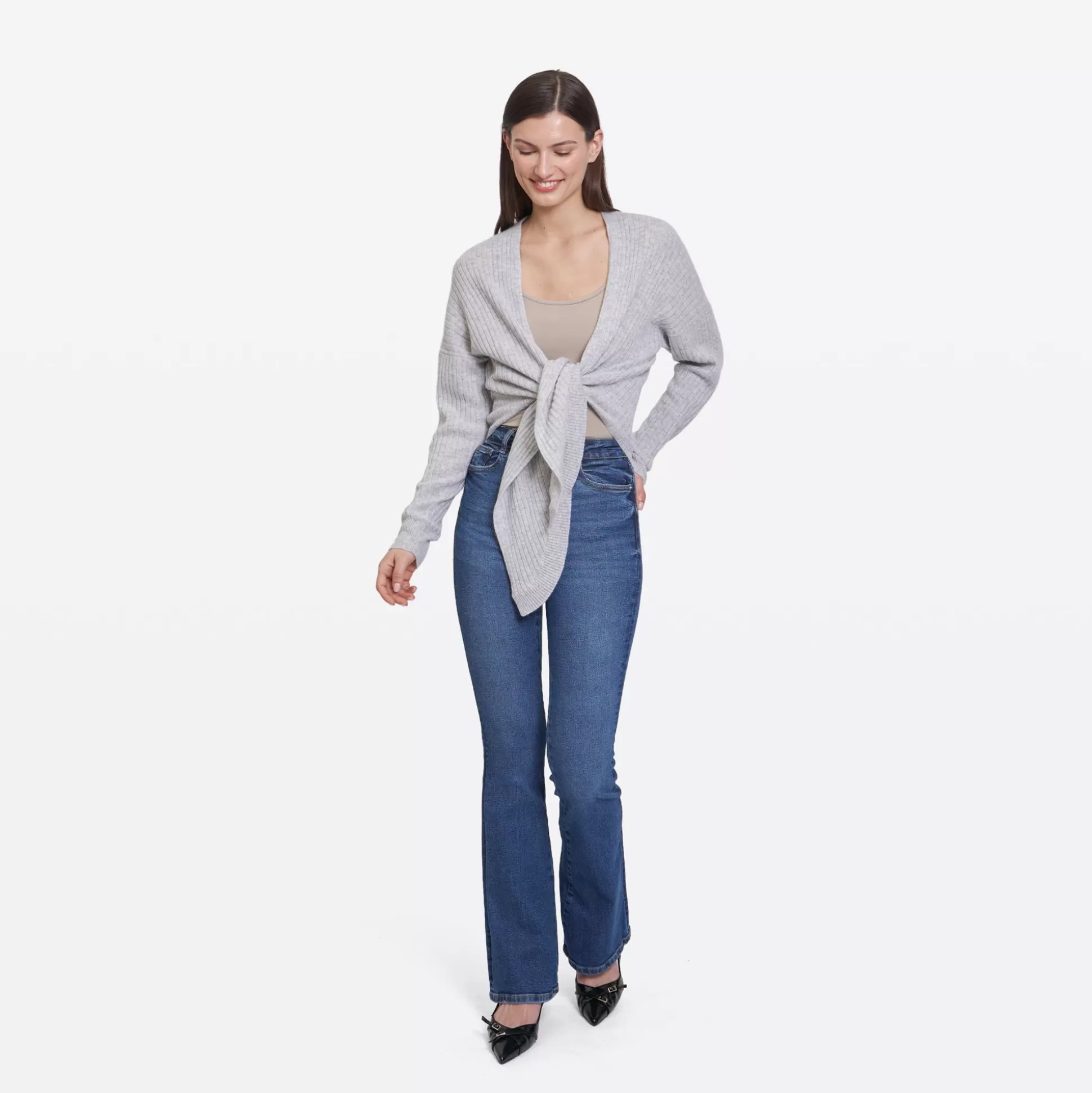 Autumn Cashmere Tie Front Rib Cardigan In Cinderblock<Women Cardigans