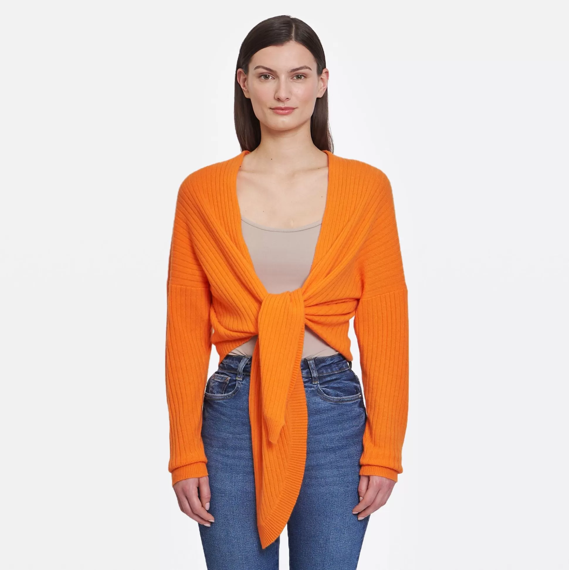 Autumn Cashmere Tie Front Rib Cardigan In Nectarine<Women Cardigans