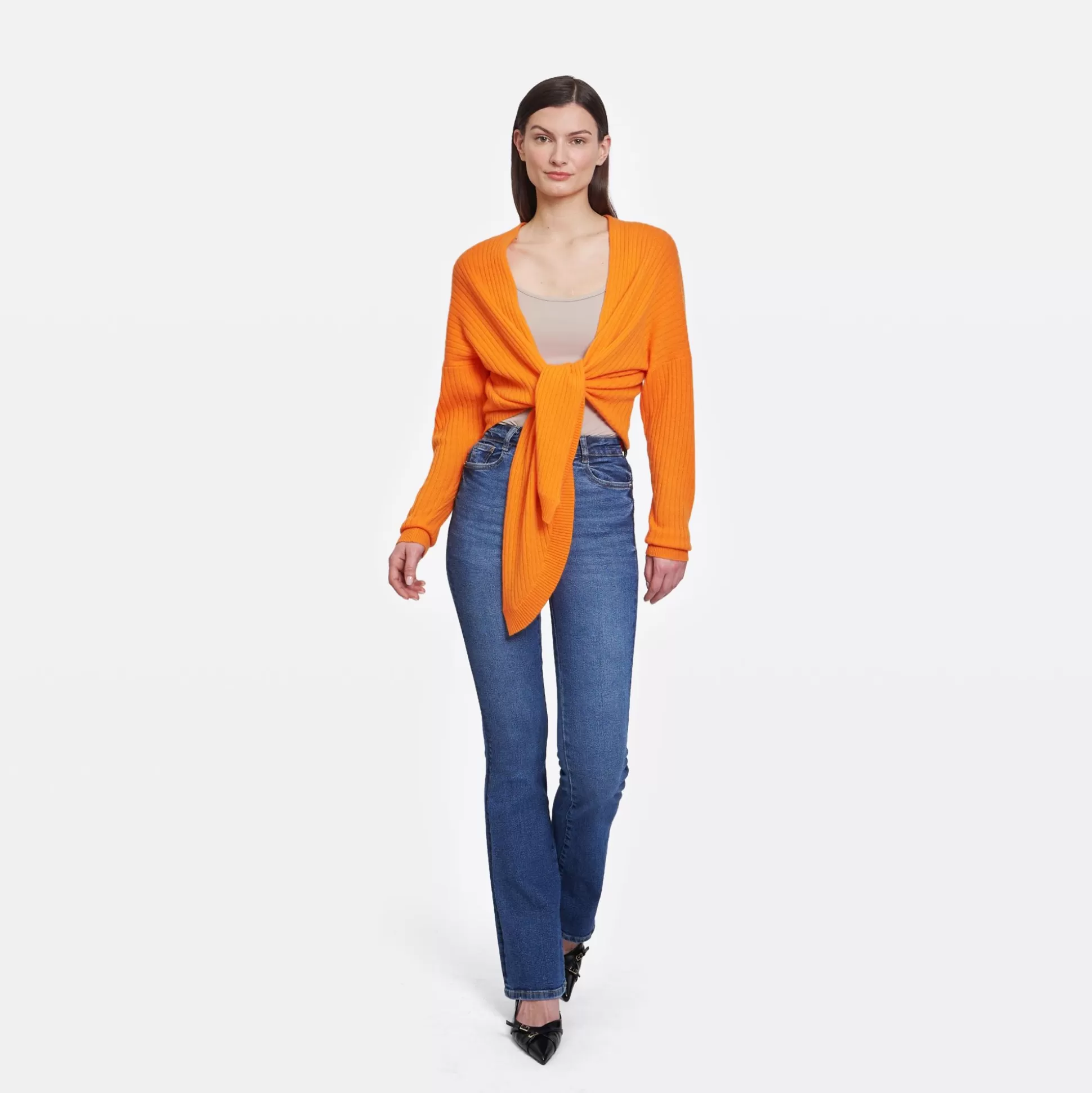 Autumn Cashmere Tie Front Rib Cardigan In Nectarine<Women Cardigans